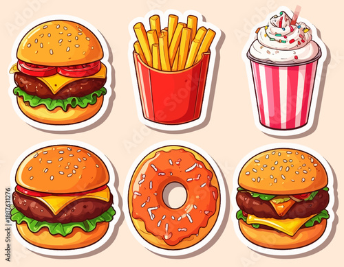 Assorted Fast Food Items Including Burgers, Fries, Donut, and Cupcake Displayed on a Light Background