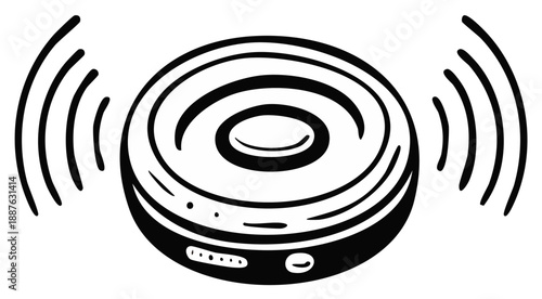 Round Bluetooth Speaker with Sound Waves Radiating Outward Simple Black and White Illustration