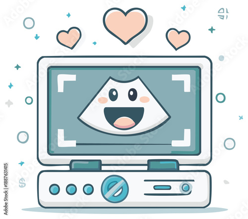 Joyful cartoon ultrasound image of a baby with hearts above a medical device