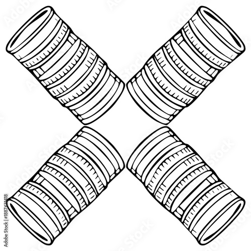 Hand drawn pattern of hair curlers, salon equipment, black and white vector design, diagonal arrangement