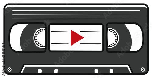 Retro VHS tape with a red play button icon symbolizing video playback and vintage media