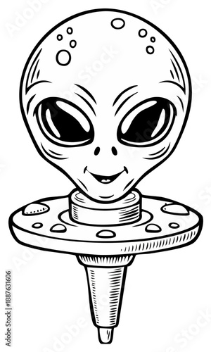 Cartoon alien head attached to flying saucer drawing in black and white style for coloring page