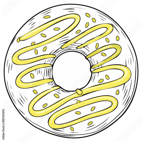 Hand-drawn illustration of a white frosted donut with yellow icing drizzle and sprinkles