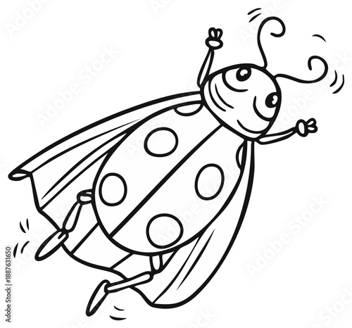 Cartoon Ladybug in Flight. Joyful insect with spots and wings flies up with glee.