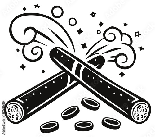 Illustration of crossed cigars with smoke and ash, abstract vector design.