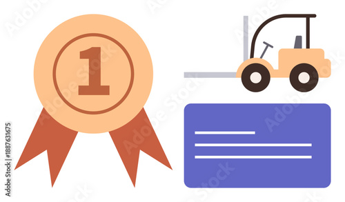 Logistics, supply chain, achievement, recognition, certifications, administrative tasks. A forklift, a number one award ribbon and a document. Achievement and logistics concept