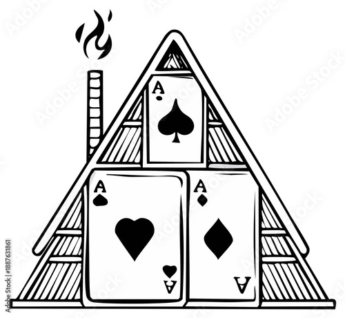 A-frame cabin built as a house of cards with three aces and a smoking chimney illustration.