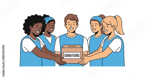 Diverse Group of Volunteers Holding Donation Box Together.