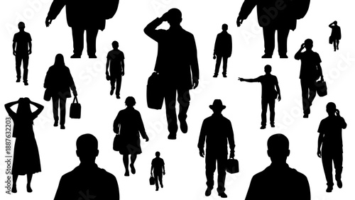 Diverse Crowd Silhouettes Isolated on White Background.