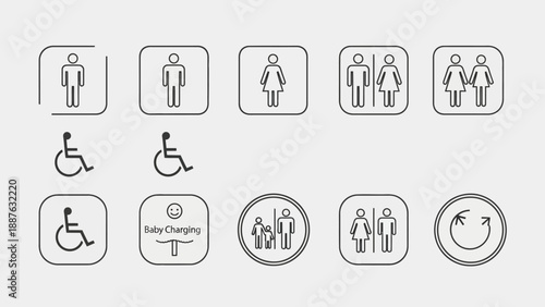 Collection of restroom and accessibility icons for public spaces.