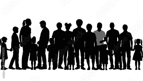 Diverse group of people silhouettes standing together.
