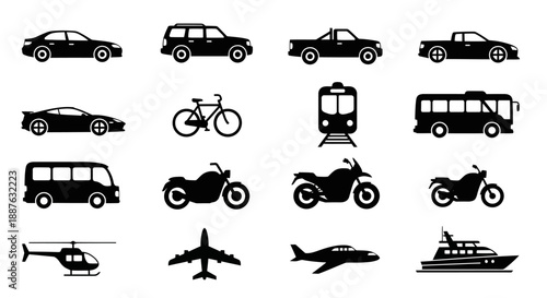 Collection of diverse vehicle silhouettes for transportation concepts.