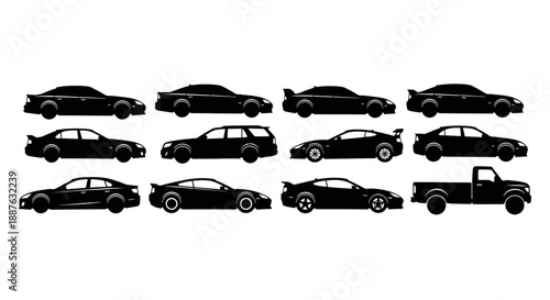 Collection of Diverse Black Car Silhouettes Side View.
