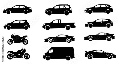 Collection of Silhouetted Vehicles Including Cars Motorcycles and Vans.