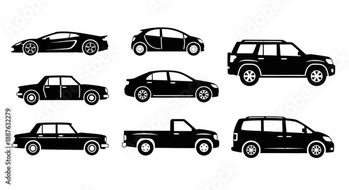 Collection of Black Car Silhouettes Vector Illustration.