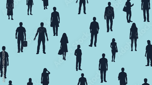 Diverse Group of People Silhouettes Scattered Across Background.
