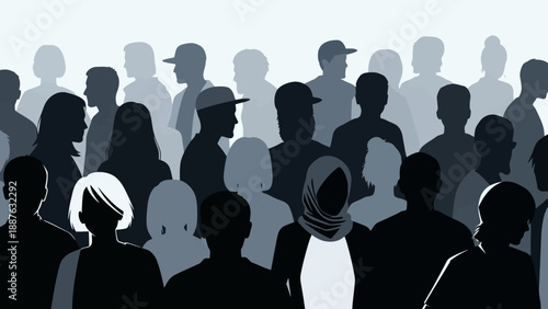 Diverse Crowd Silhouettes with One Standing Out.