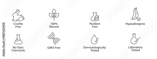 Cruelty-Free, 100% Natural, Paraben-Free, Hypoallergenic, GMO-Free and Dermatologically Tested Line Icon Set – Clean Beauty, Skincare, and Cosmetic Product Label Outline Vector Signs