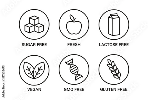 Sugar Free, Apple, Lactose Free, Vegan, GMO Free and Gluten Free Line Icon Set – Healthy Food Labels and Dietary Restriction Outline Vector Signs for Organic and Natural Products.