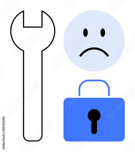 Security concept. A wrench, sad face, and locked padlock depict system errors and privacy issues. Security ensures system reliability and data protection. For troubleshooting, cybersecurity, privacy