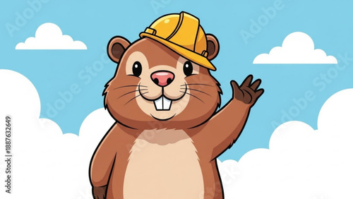 Cute cartoon beaver wearing a yellow hard hat waving hello with a friendly expression isolated on a sky background with clouds