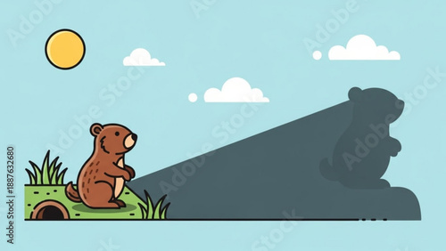 Groundhog casting a large shadow on a sunny day representing Groundhog Day prediction flat vector illustration