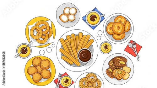 Assortment of fried sweet snacks like churros donuts and onion rings with dipping sauce flat illustration for food blogs and menus