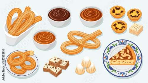 Collection of delicious Spanish desserts including churros pastel de nata and tarta de almendras perfect for food blogs and culinary websites