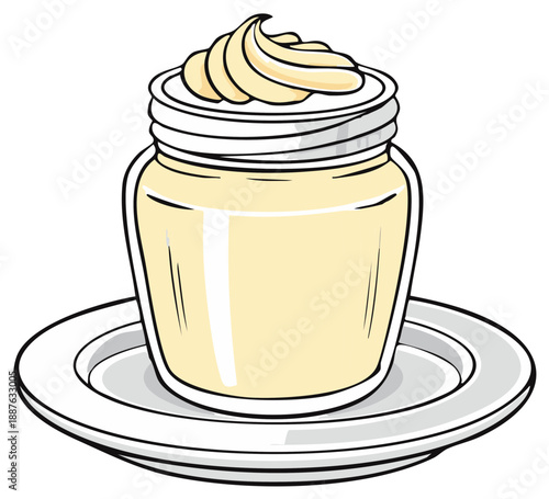 Delicious creamy dessert in a glass jar, topped with a generous swirl of sweet whipped cream, vector illustration.