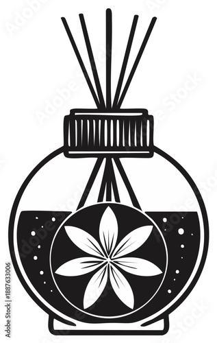 Reed diffuser in decorative glass bottle with flower for aromatherapy black and white