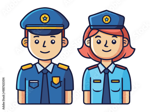 Vector flat illustration set of line art female and male police officers in uniform poses