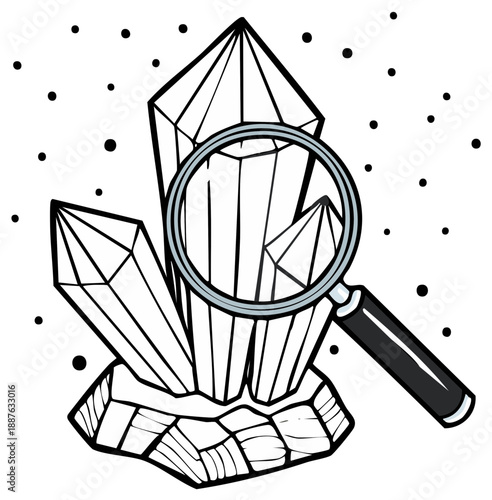 Crystals magnified illustration with magnifying glass and black polka dots for coloring book or page