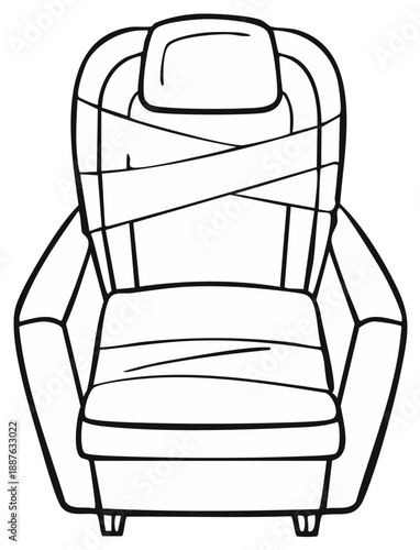 Armchair wrapped in bandages. Outline, flat design, cartoon style.  Old furniture in need of repair.