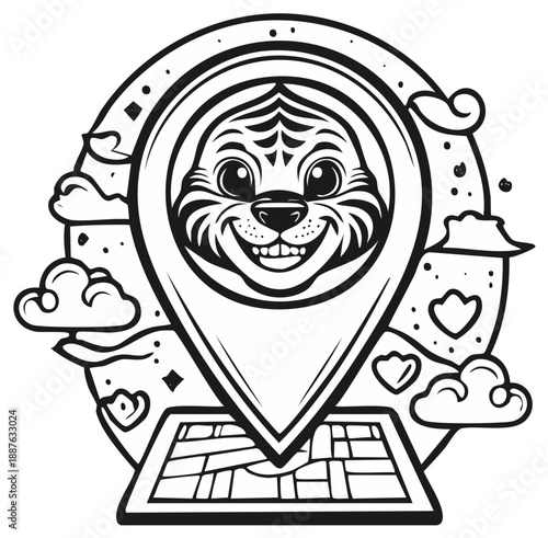 Cute cartoon tiger face in a map pin locator icon with clouds and stars