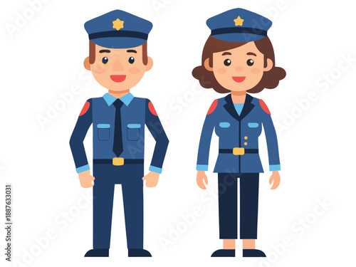 Vector flat illustration set of line art female and male police officers in uniform poses