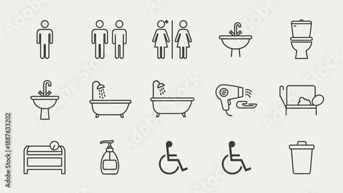 Collection of modern bathroom icons and symbols.