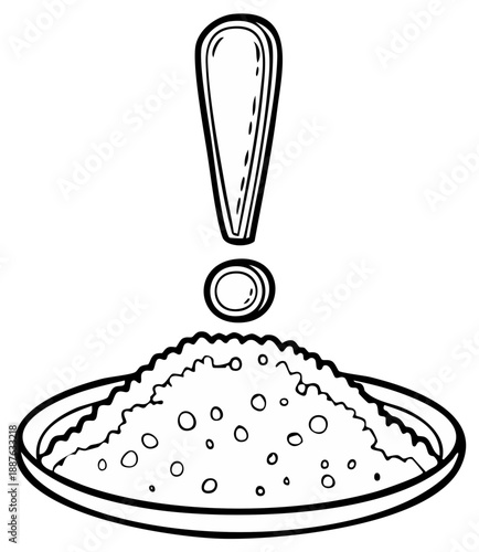 Exclamation mark above a plate with dots in black and white illustration