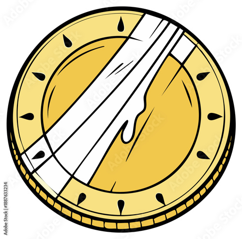Circular Golden Shield with Inscribed Metal Bars Cartoon Style Illustration