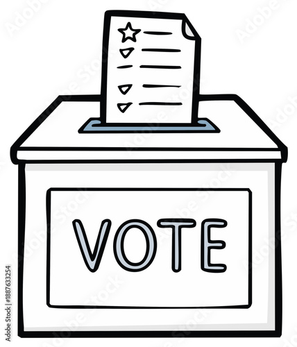 Cartoon Illustration of a Ballot Box with 'Vote' Sign and Ballot Paper