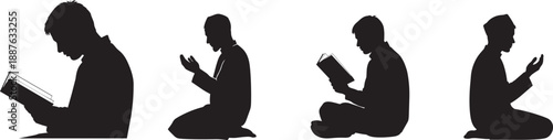 Silhouette of muslim men praying and reading religious books