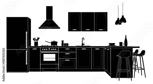Modern Kitchen Silhouette with Appliances and Cabinets.