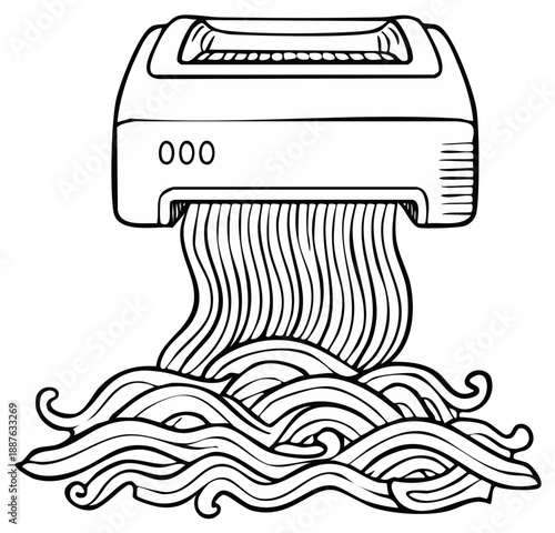 Conceptual illustration of a shredder processing documents into wavy strips resembling pasta or noodles