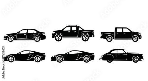Collection of Black Car Silhouettes on White Background.