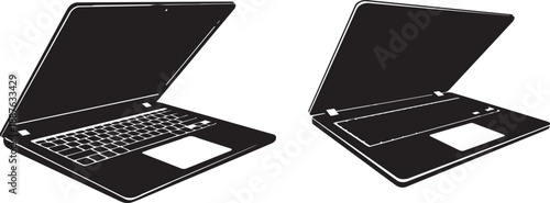 Two black laptop illustrations showcasing different angles clean vector design for tech projects