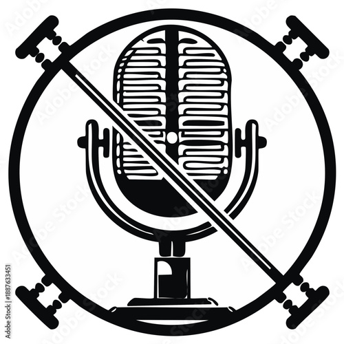 Vintage microphone with a prohibition sign superimposed for an audio restriction symbol