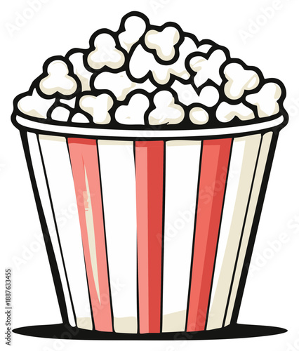 Classic Red and White Striped Popcorn Bucket Filled with Fluffy Popcorn