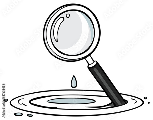 Magnifying glass examining water droplet in puddle with ripples cartoon illustration