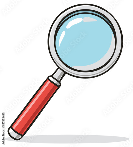 Cartoon magnifying glass illustration with red handle and silver rim for investigation.