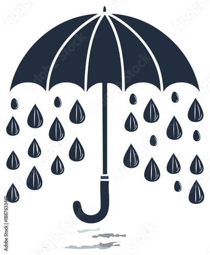Stylized umbrella graphic under downpour depicts wet weather protection from rain