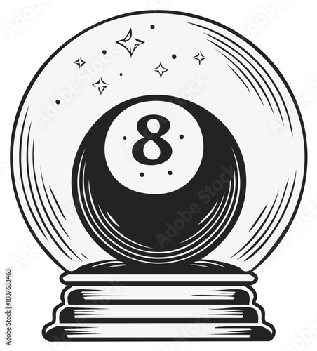 Eight Ball Magic Crystal Ball with Stars Prediction Divination Line Art Illustration